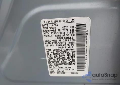 2014 Nissan Rogue Select S from USA, damaged, VIN JN8AS5MV6EW202870